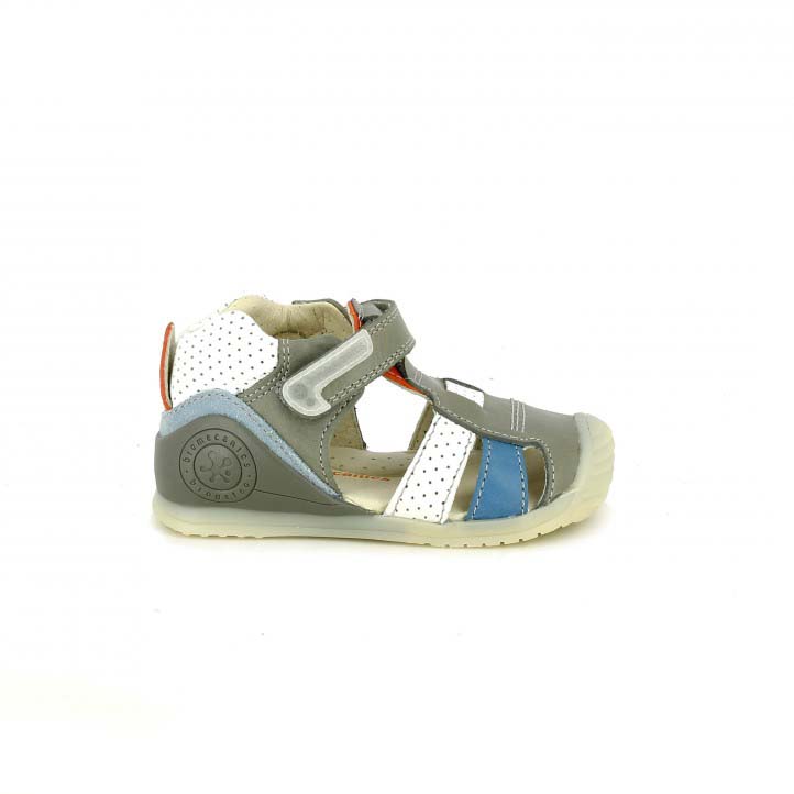 Sandalias Biomecanics grises y blancas con puntos de piel - zapatos para los pies de tu bebé
